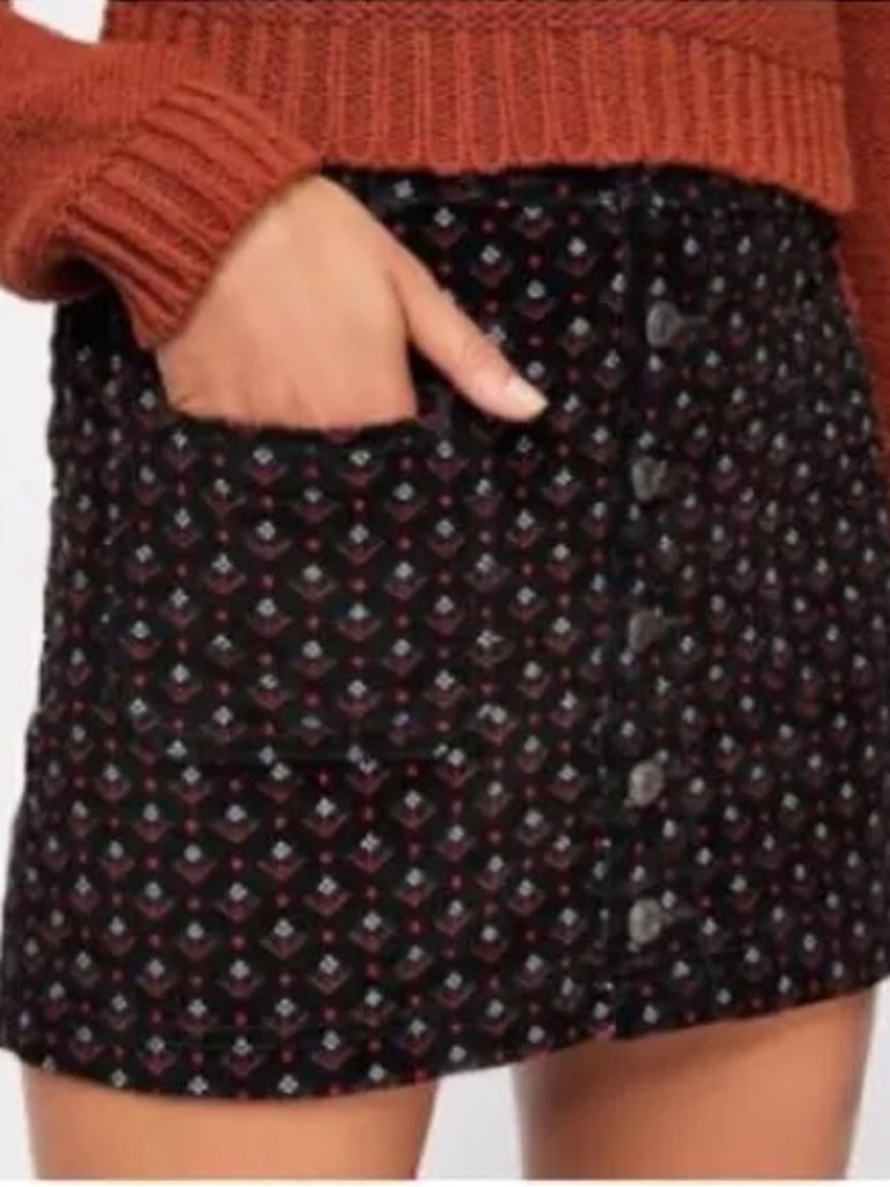 We The Free Black Corduroy Mini Skirt with Red & White Diamond Pattern